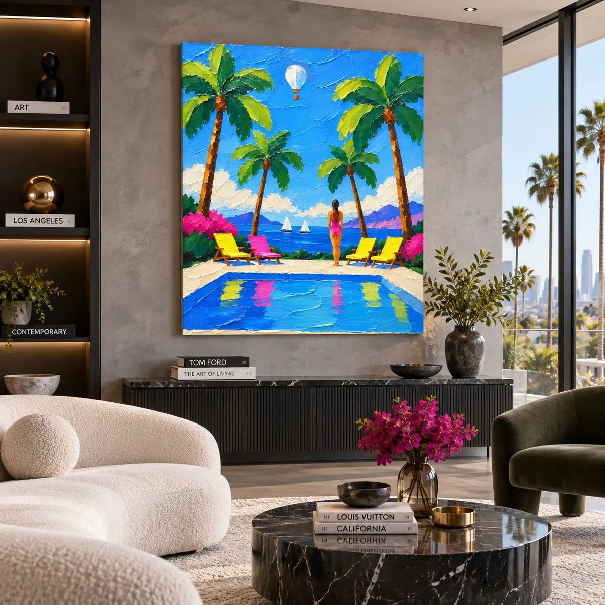 A Balloon Beyond the Palms: above a ribbed black console with bright pink flowers and a dark green chair