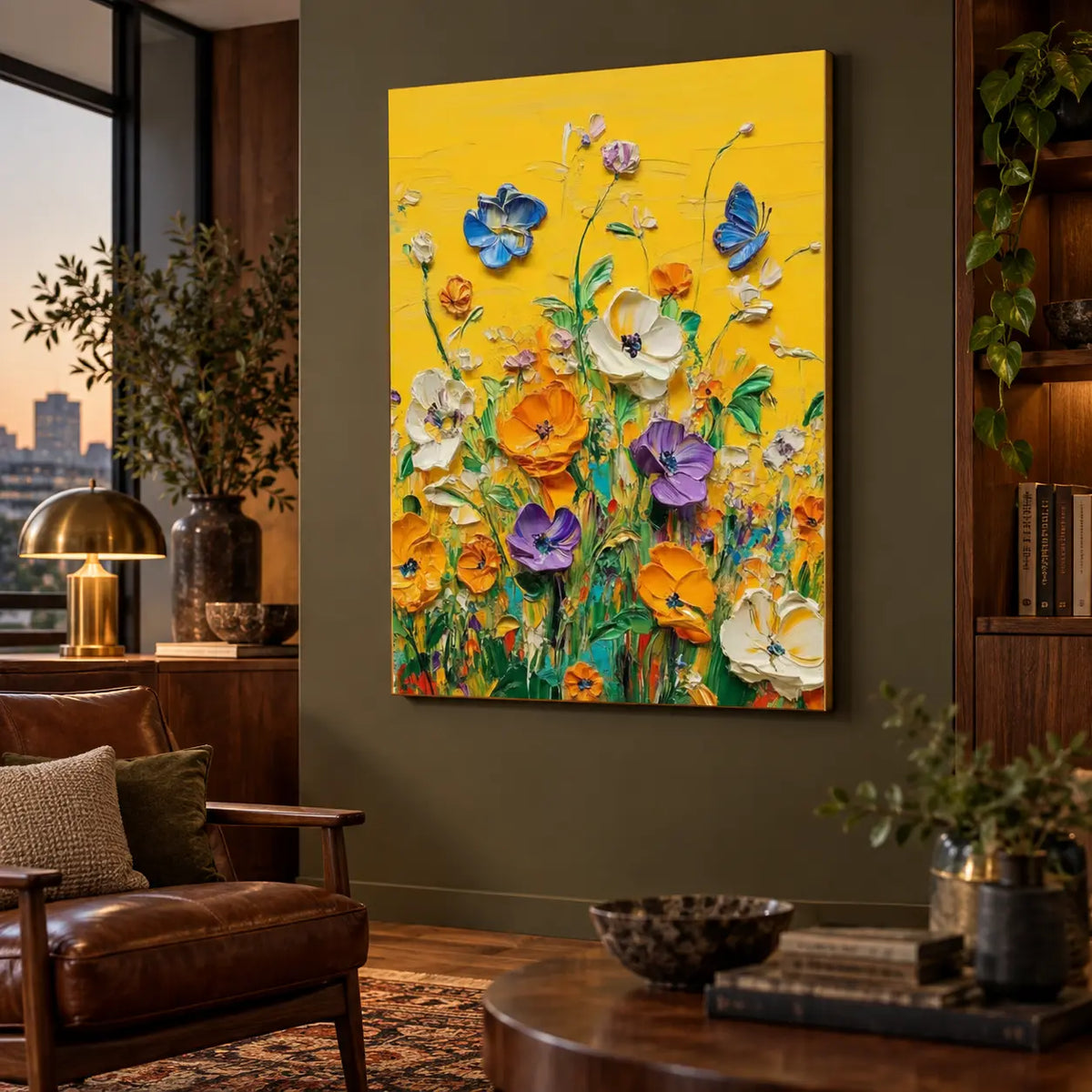 A Blue Visitor in the Garden: viewed obliquely beside a leather chair and city-view window