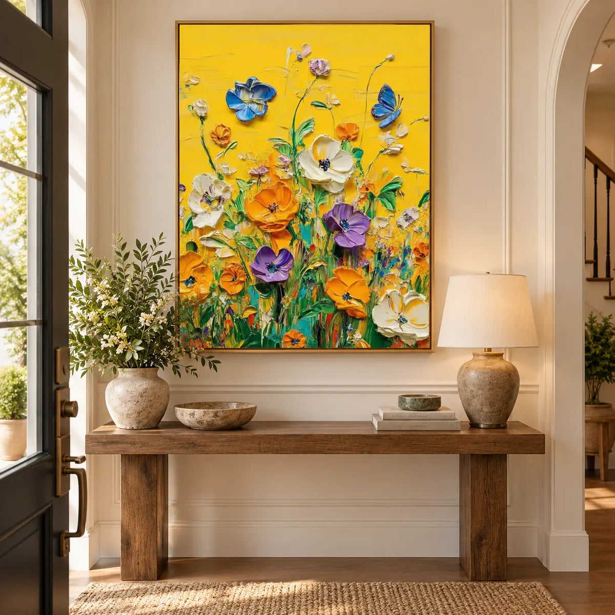 A Blue Visitor in the Garden: above an entry console beside a ceramic lamp and black door