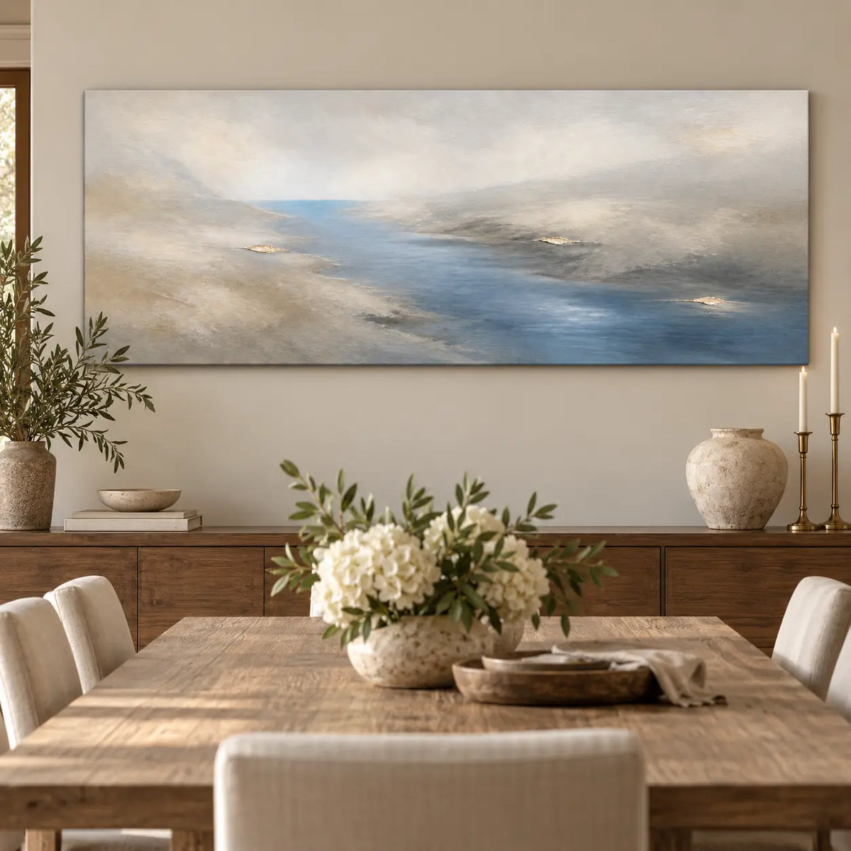 A Channel Through Pearl: above a wood dining table with a white flower bowl