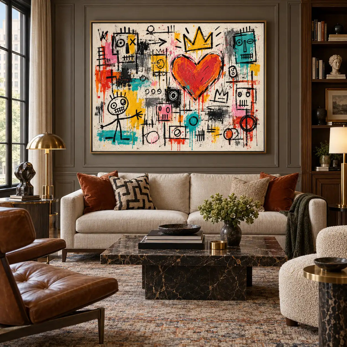 A Crown for the Gathering Heart: artwork above a pale sofa between paneled walls and shelves