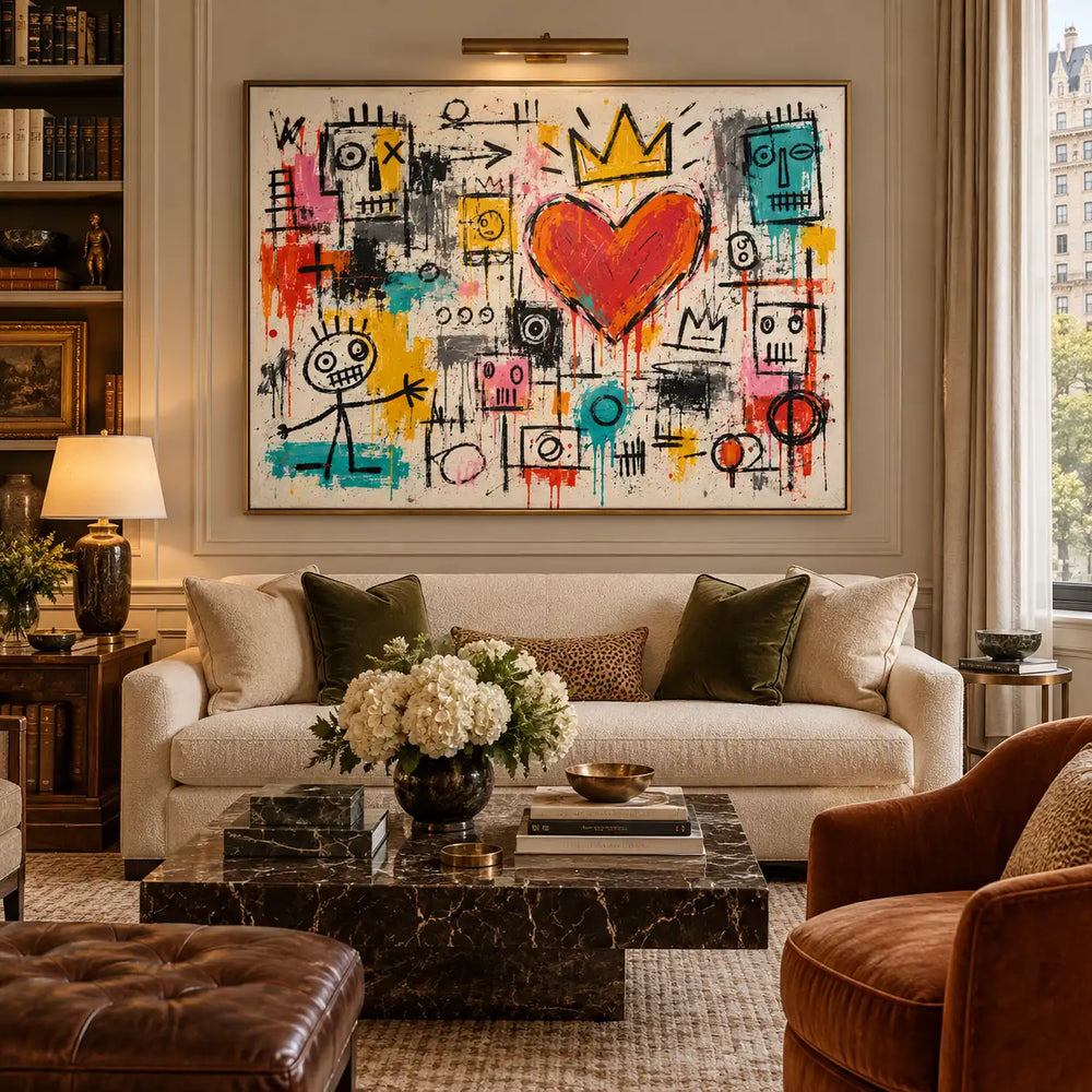 A Crown for the Gathering Heart: artwork beneath a picture light above a cream sofa and dark marble table