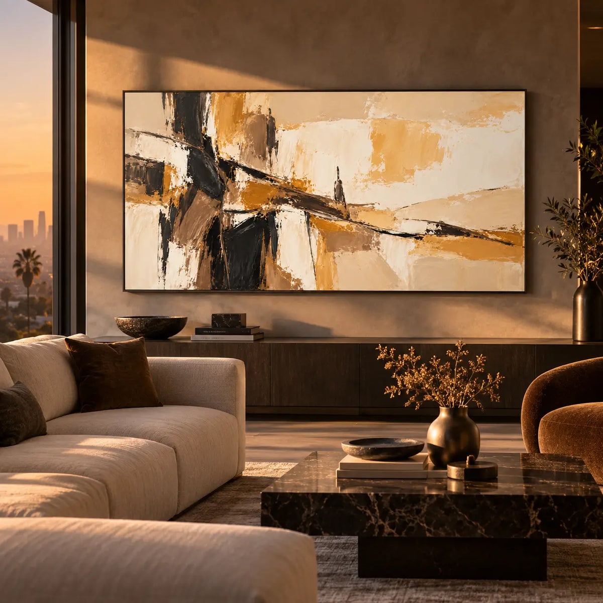 A Dark Seam Through Sand: above a long dark console beside sunset glazing and pale seating