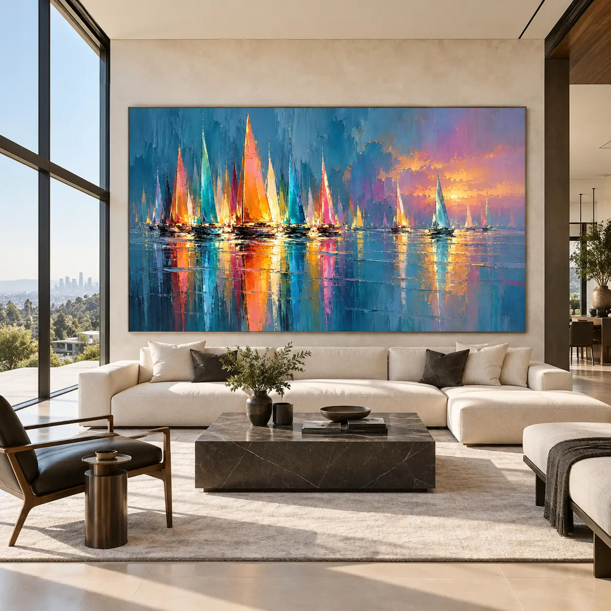 A Fleet of Reflected Color: above a cream sectional with a pale block coffee table