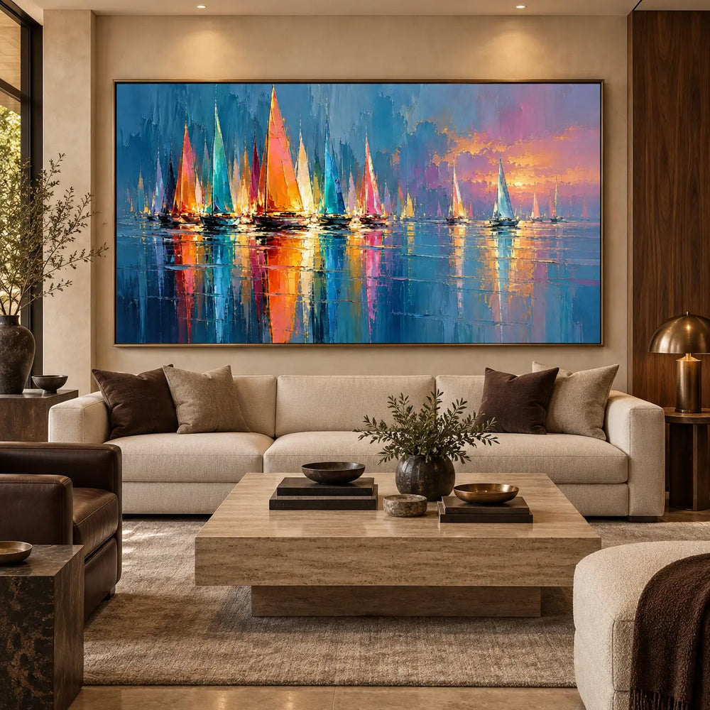 A Fleet of Reflected Color: above a cream sofa with brown cushions and a rectangular stone table