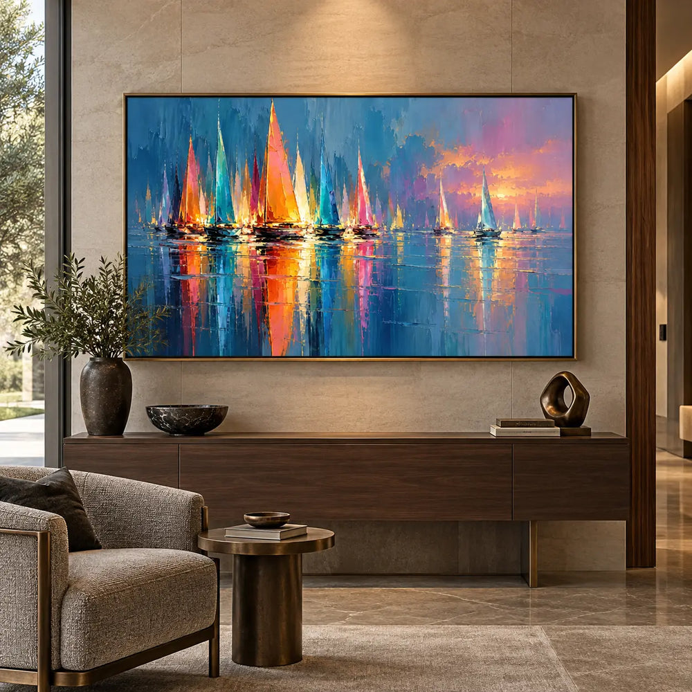 A Fleet of Reflected Color: above a long walnut console between rounded chairs