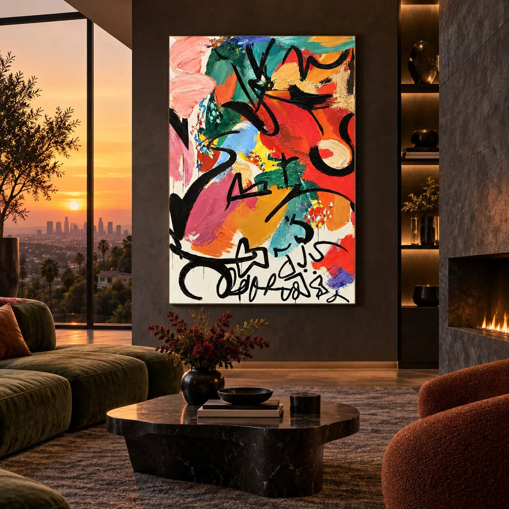 A Flourish Below the Color: on a tall wall near sunset glazing and a green sofa