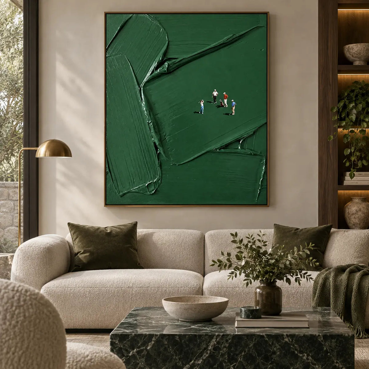 A Fourball in Deep Green: framed above a cream sofa and dark green marble table