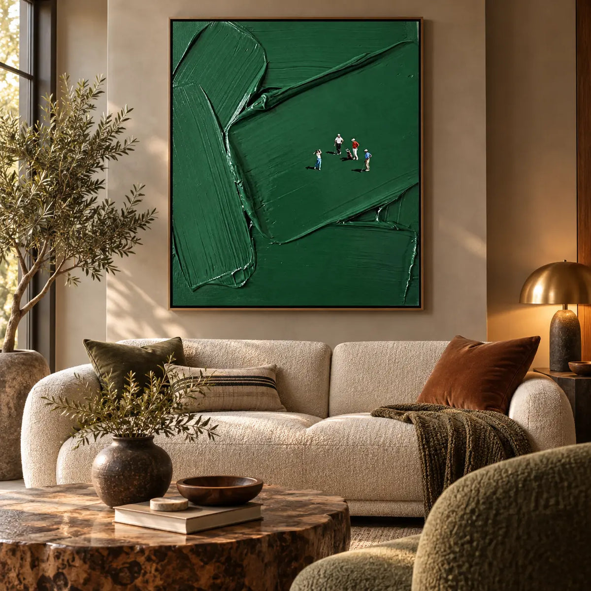 A Fourball in Deep Green: above a cream sofa with a rust cushion and a brass dome lamp