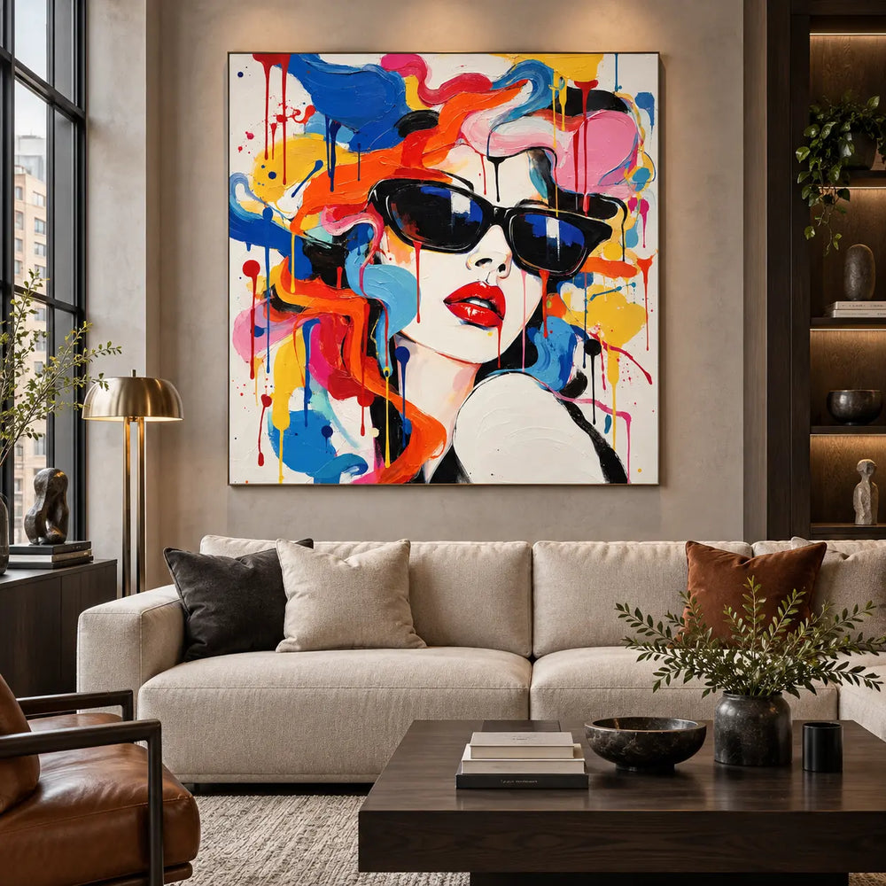 A Glance Through Color: artwork above a cream sofa beside an industrial window and a dark wood table