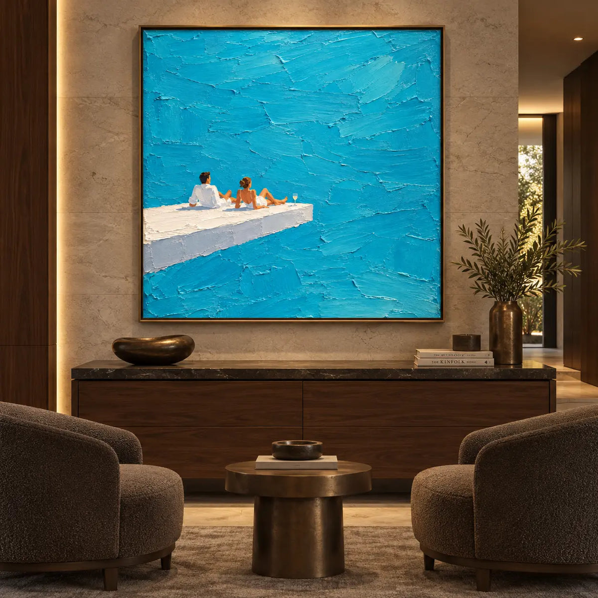 A Ledge for Two: above a walnut console between two rounded armchairs