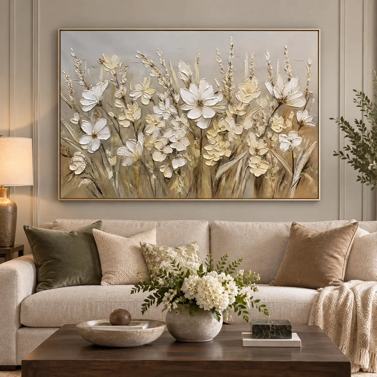 A Meadow in Linen Light: above a cream sofa with neutral cushions and a rectangular wood table