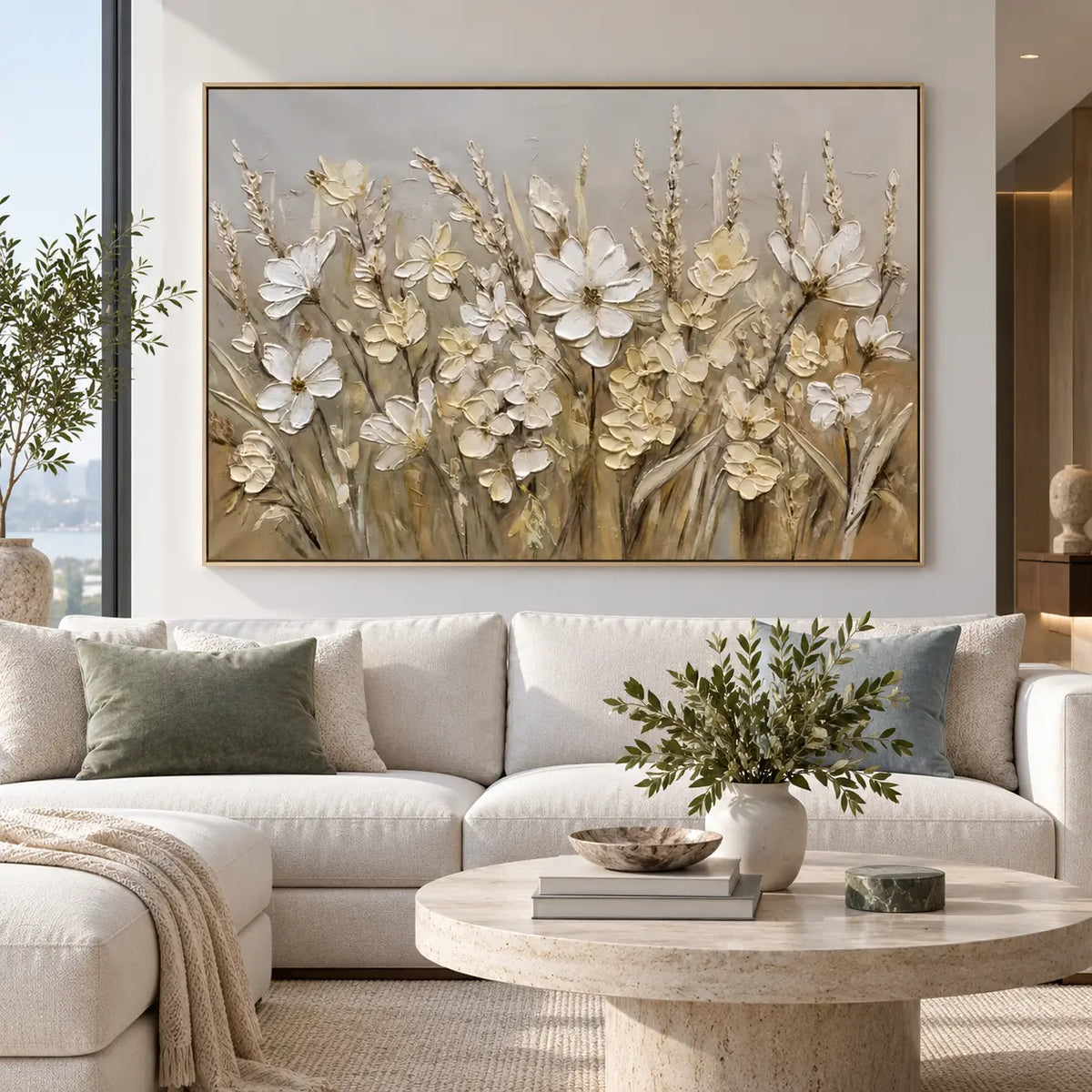 A Meadow in Linen Light: above a white sectional and round stone table beside a city-view window