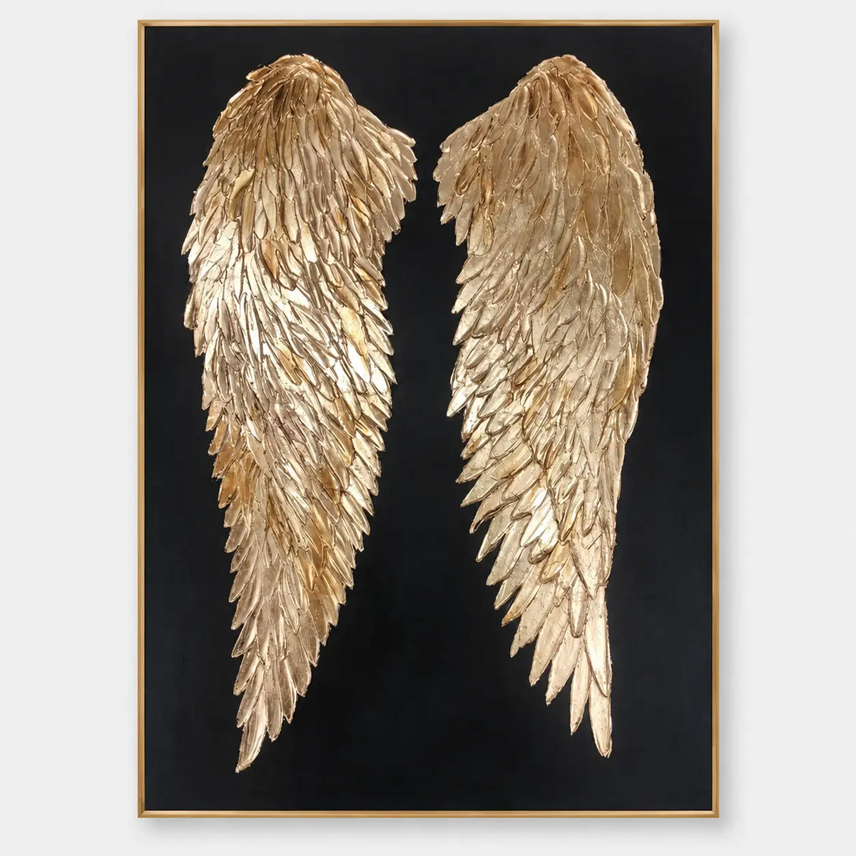 A Pair of Golden Guardians: Two long gold-colored feathered wings descend side by side on a single black field