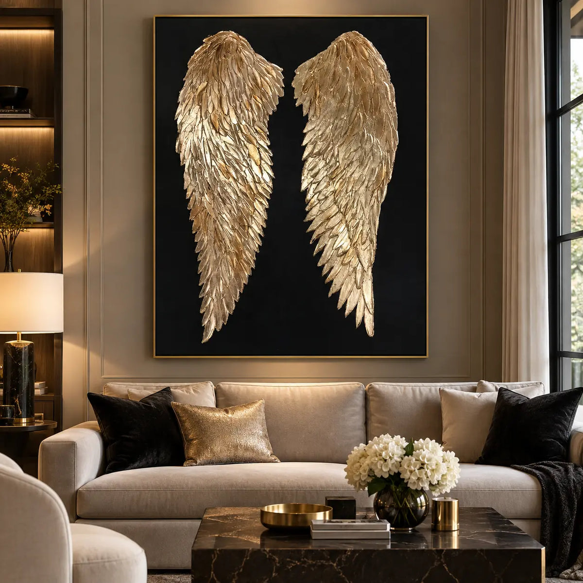 A Pair of Golden Guardians: above a cream sofa with black and gold cushions and a dark marble table