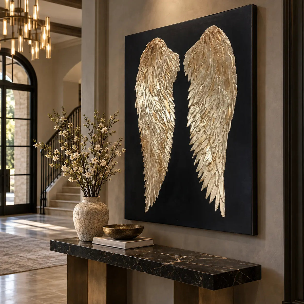 A Pair of Golden Guardians: angled above a marble-topped console near an arched door and staircase