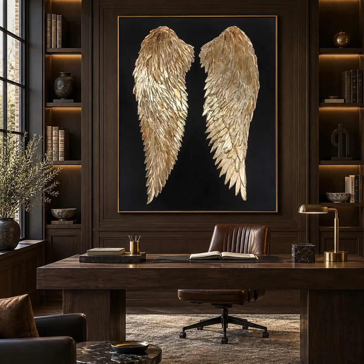A Pair of Golden Guardians: behind a dark wood office desk between illuminated bookshelves