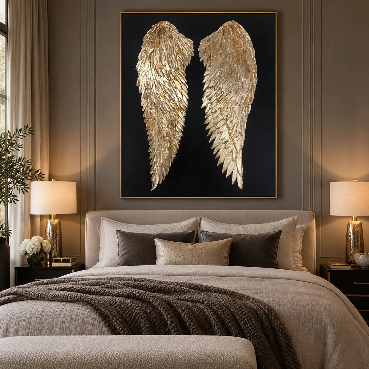 A Pair of Golden Guardians: above a neutral bed between matching gold-accented bedside lamps