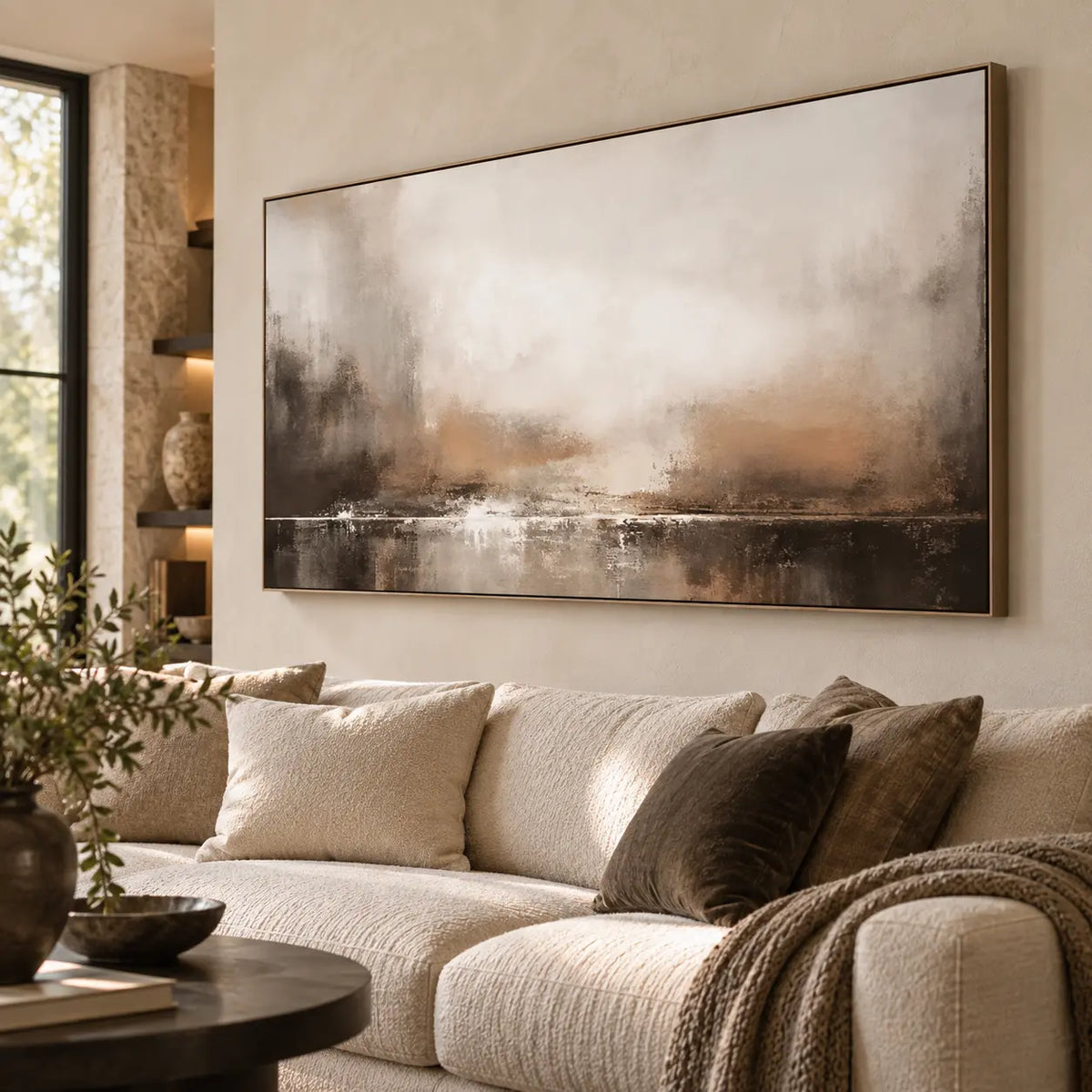 A Quiet Line of Light: seen obliquely above a cream sectional beside stone shelving