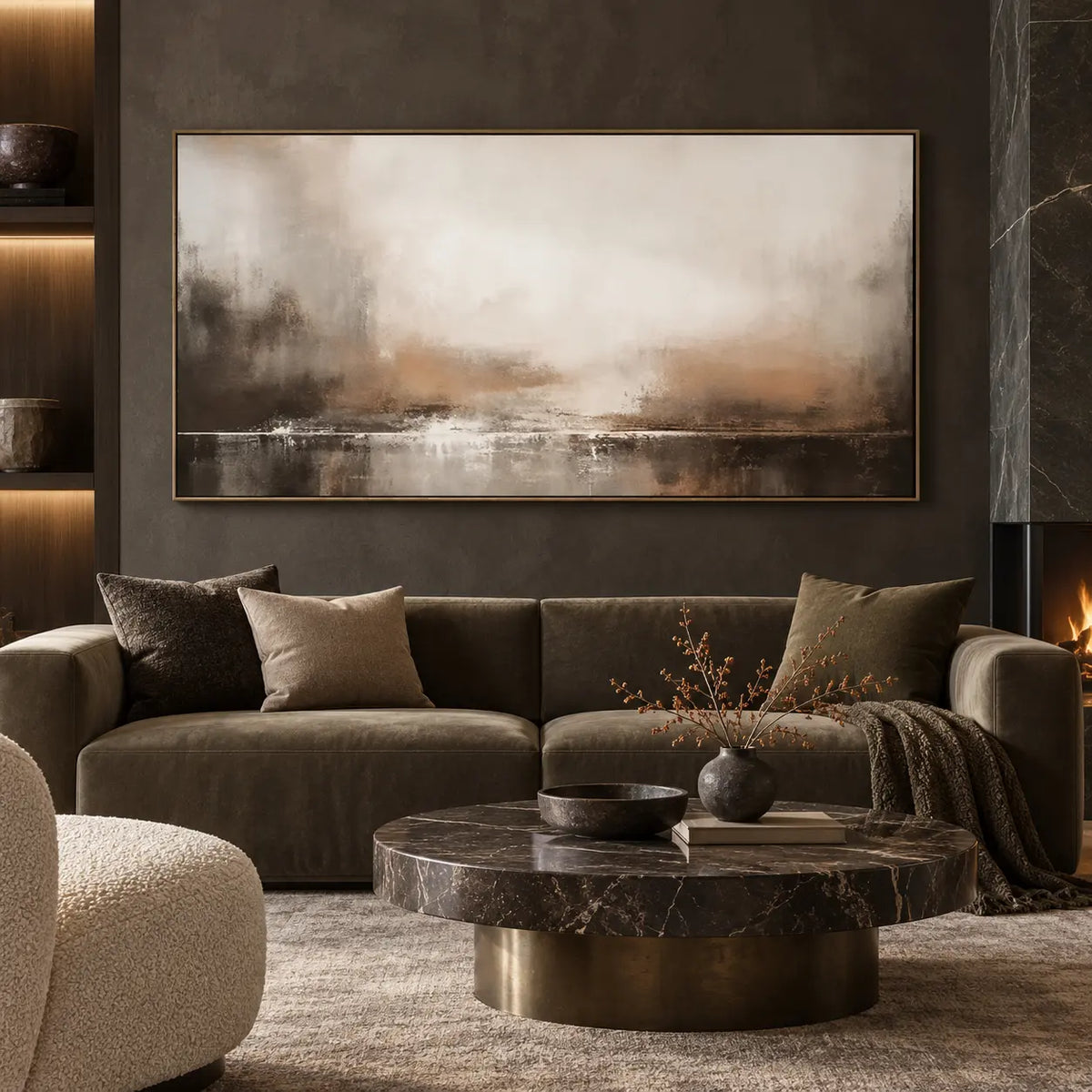 A Quiet Line of Light: above a dark sofa beside a marble fireplace