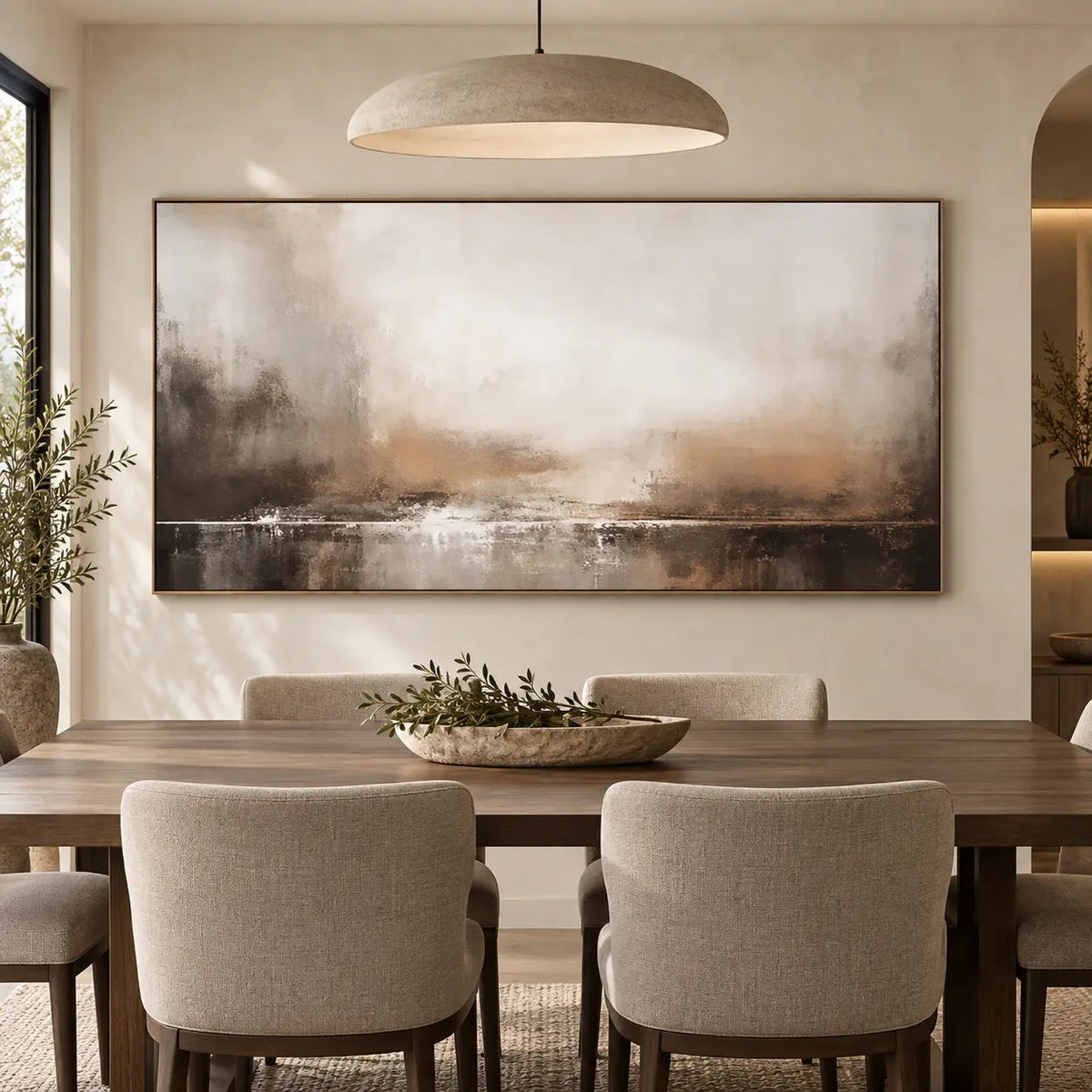 A Quiet Line of Light: behind a wood dining table under a pale dome pendant