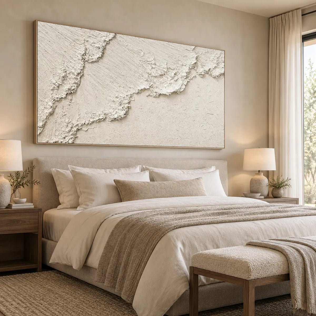 A Ridge Across Silence: above an upholstered bed with a neutral throw and end-of-bed bench