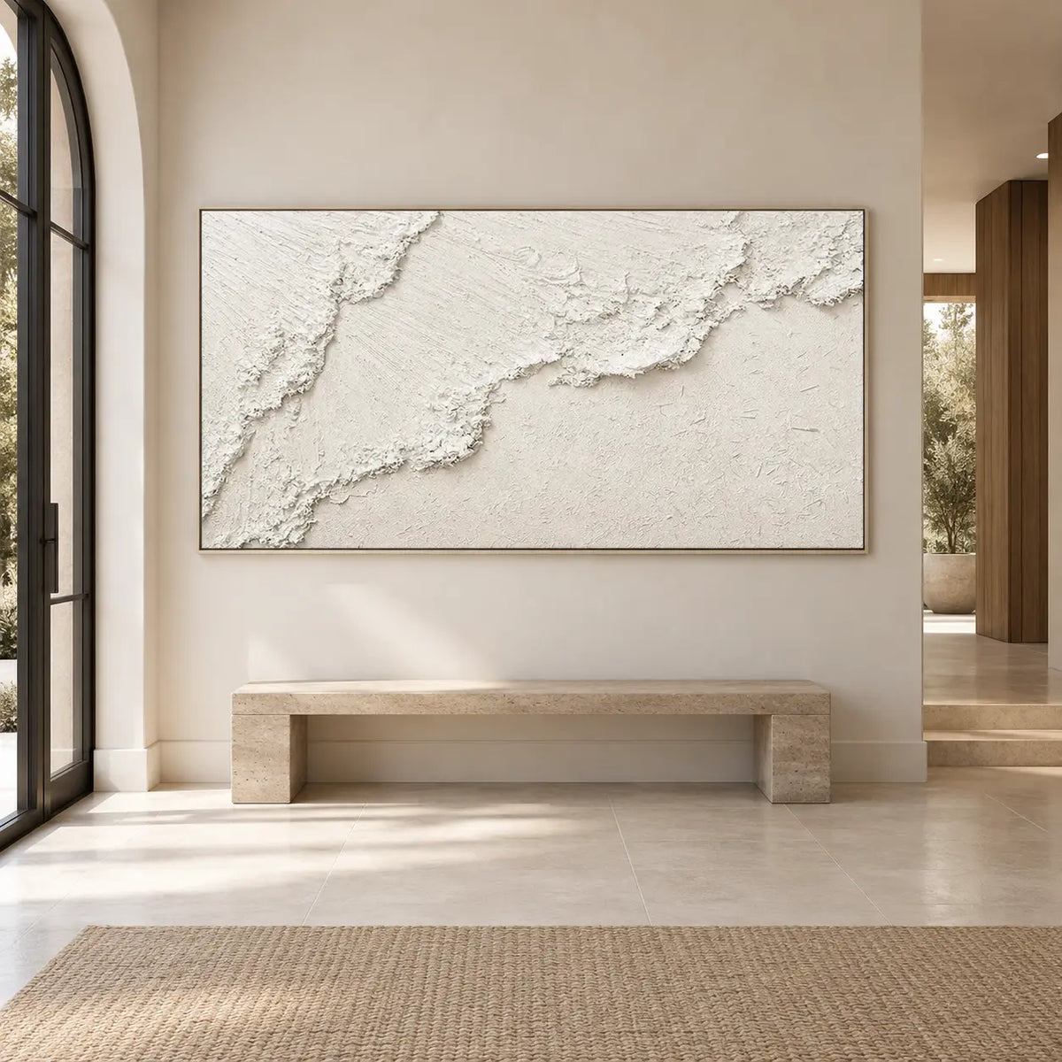A Ridge Across Silence: above a stone bench beside an arched glass entrance
