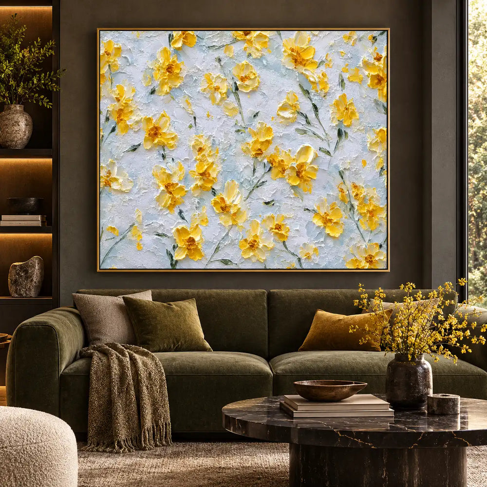 A Scattering of Sunlit Petals: above a dark olive sofa beside illuminated shelves