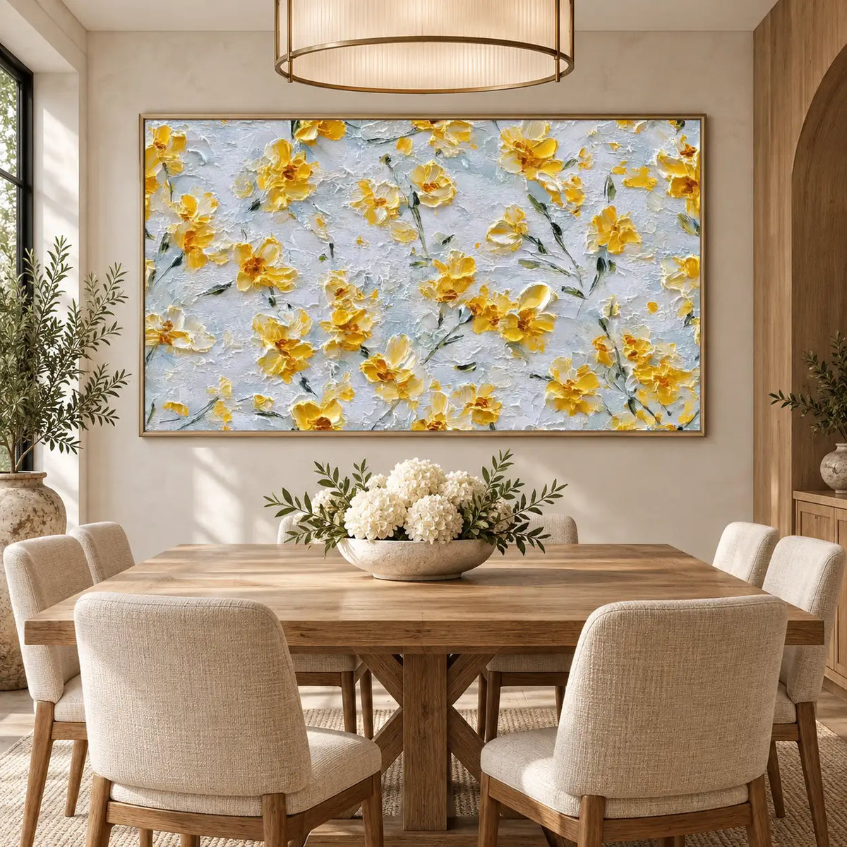 A Scattering of Sunlit Petals: above an oak dining table beneath a circular pendant