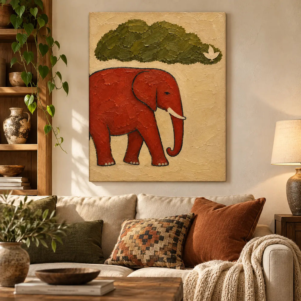 A Small Bird for an Elephant: above a cream sofa with a rust and black geometric cushion