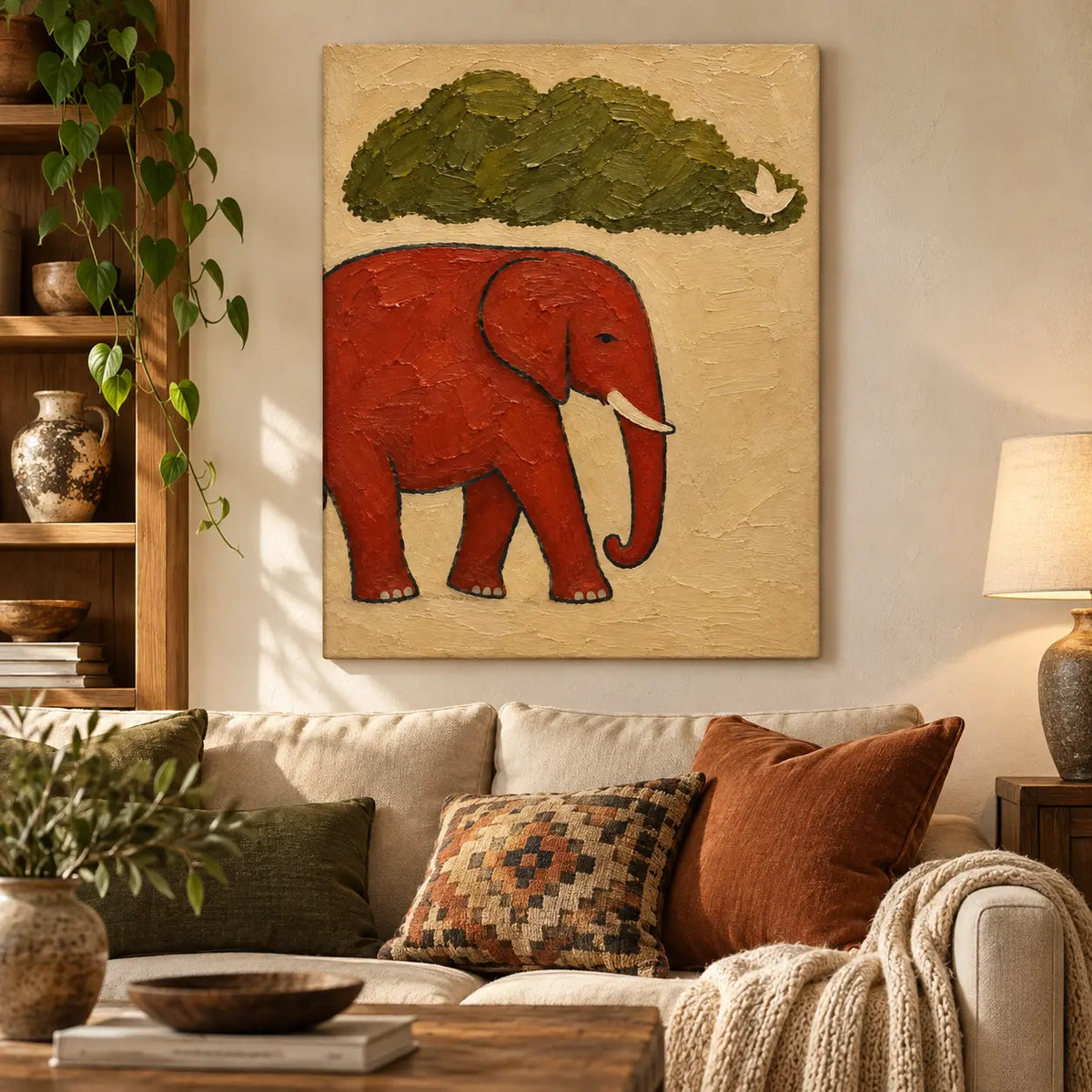 A Small Bird for an Elephant: above a cream sofa with a rust and black geometric cushion