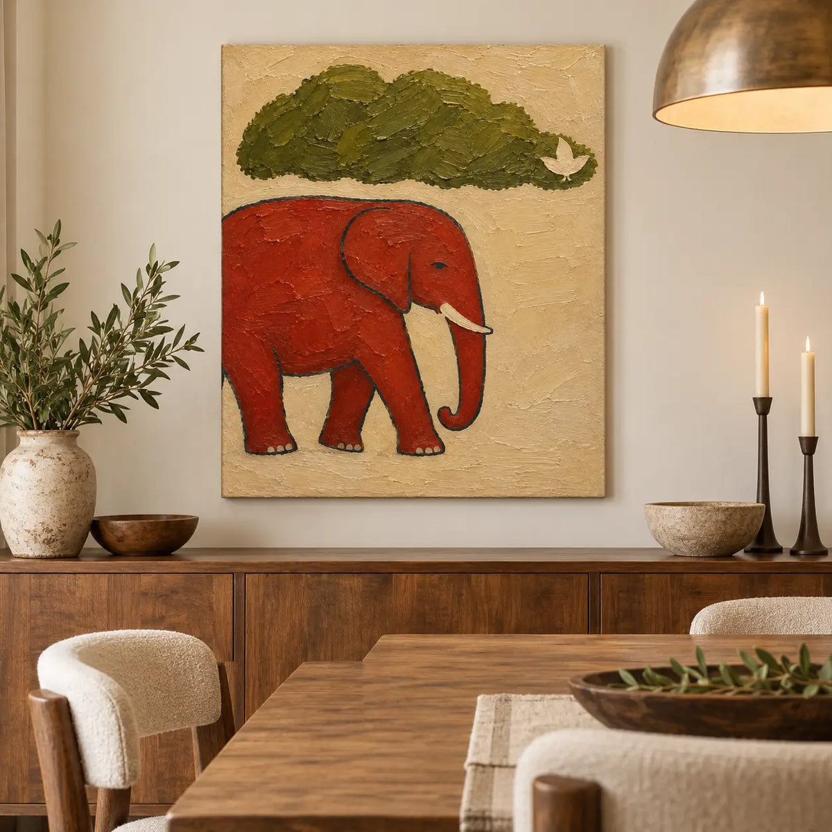 A Small Bird for an Elephant: above a dining sideboard with black candlesticks and a brass pendant