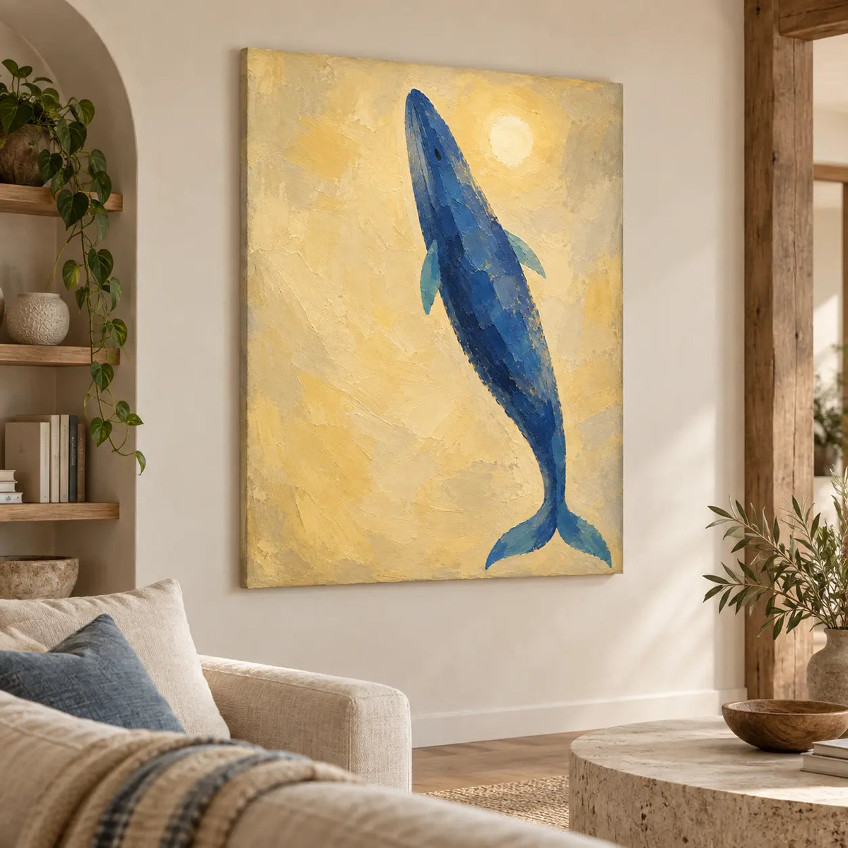 A Whale Toward the Sun: unframed beside arched shelving behind a pale round stone table