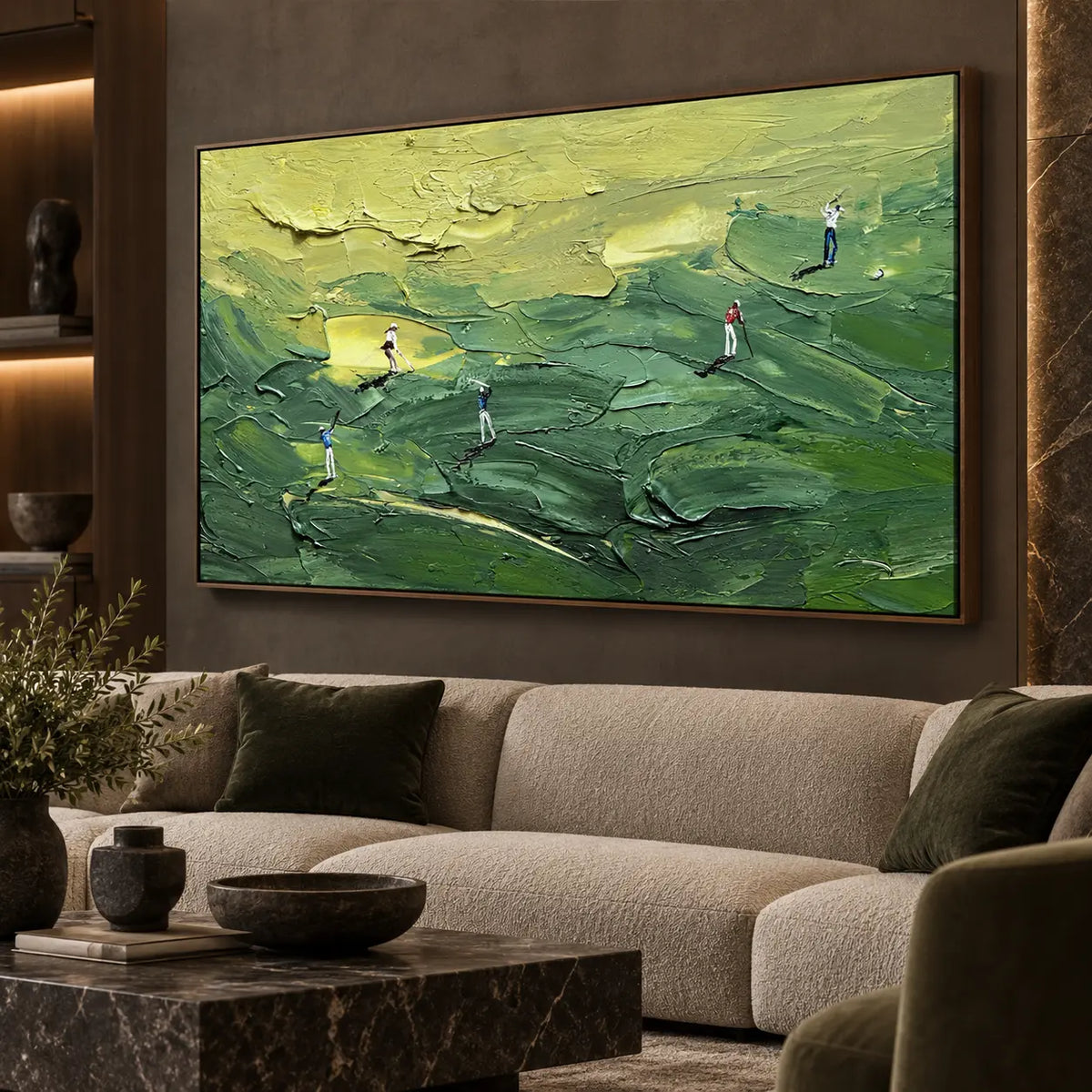 Across the Green Contours above a pale sofa with dark green cushions and a marble coffee table