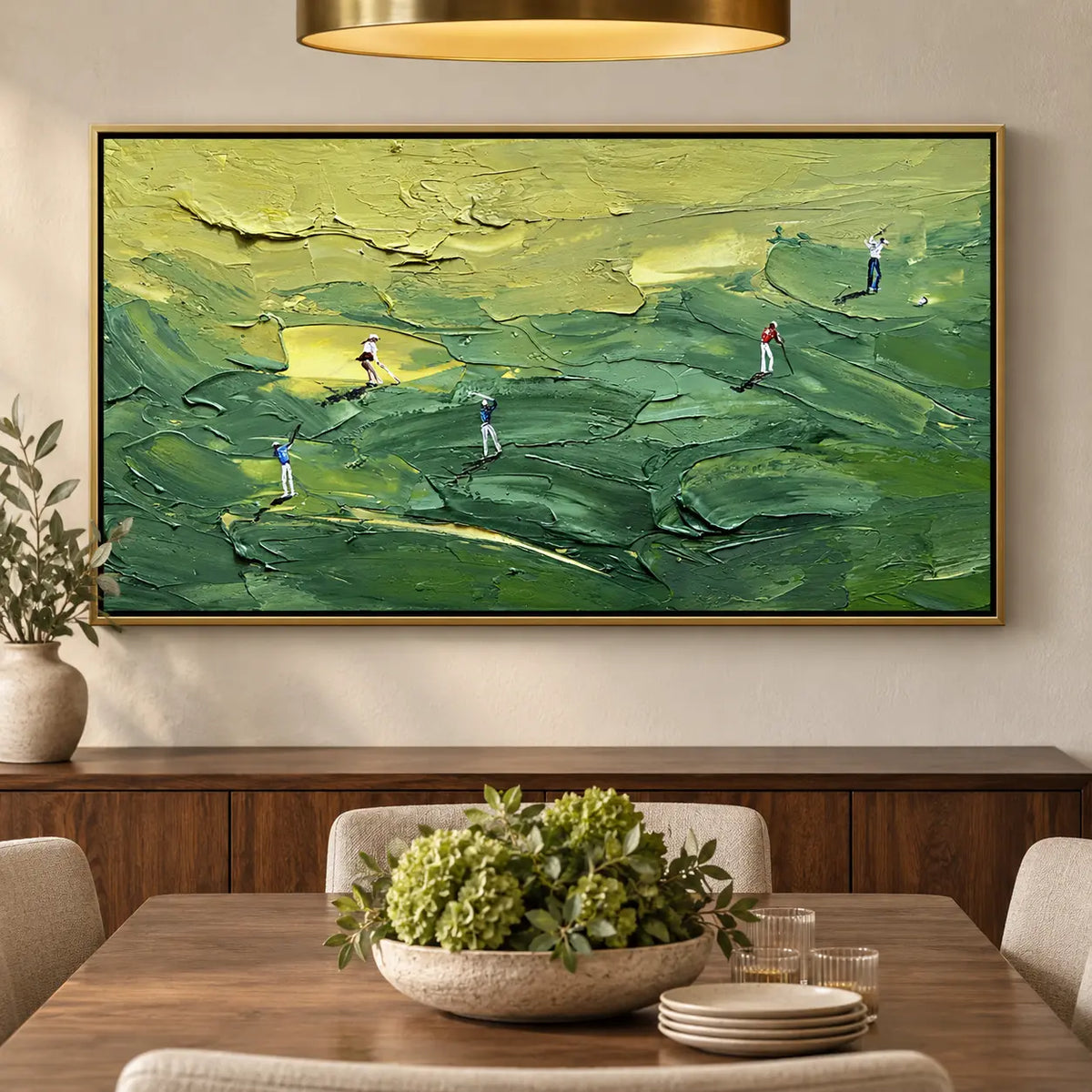 Across the Green Contours above a dining sideboard under a broad brass pendant