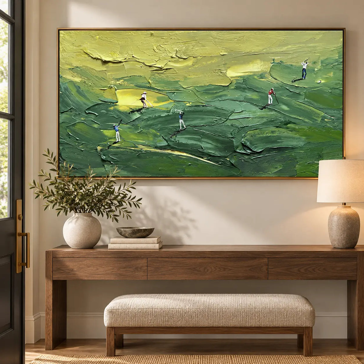 Across the Green Contours above an entry console with a ceramic lamp and upholstered stool