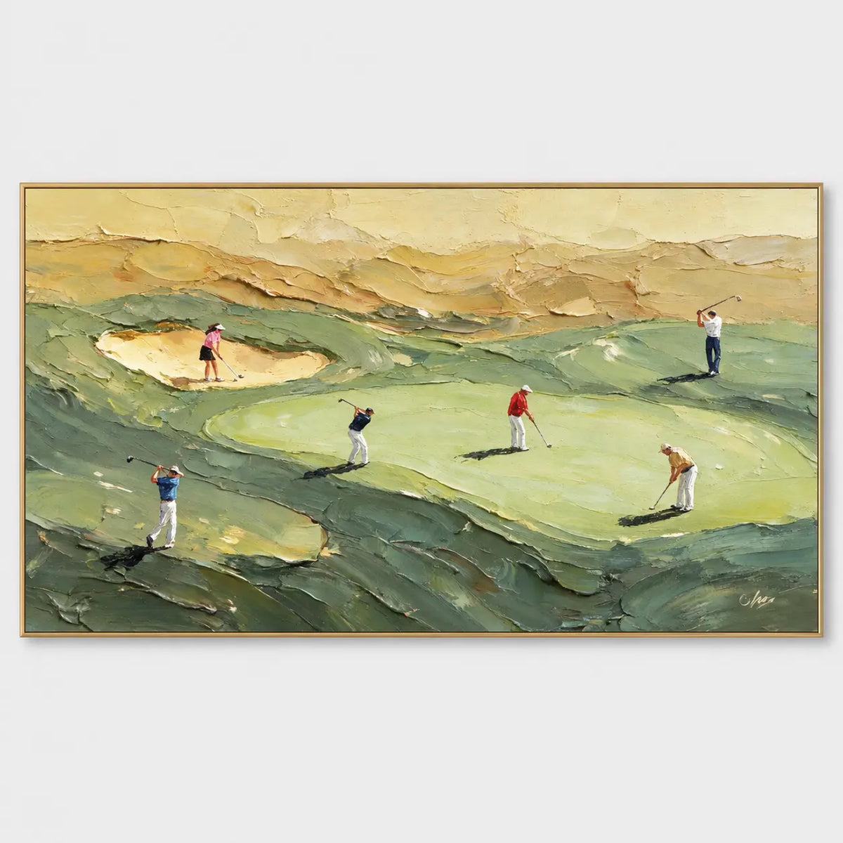 An Afternoon on the Links: Small golfers scattered across rolling green fairways and sandy hills