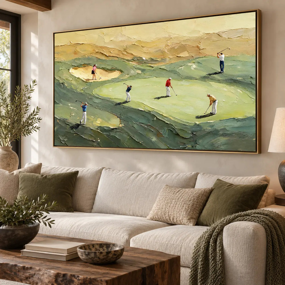 An Afternoon on the Links over a low cabinet beside a curved lounge chair and arched opening