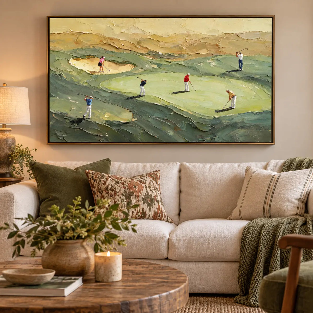 An Afternoon on the Links above a sofa with striped cushions and a rustic rectangular table