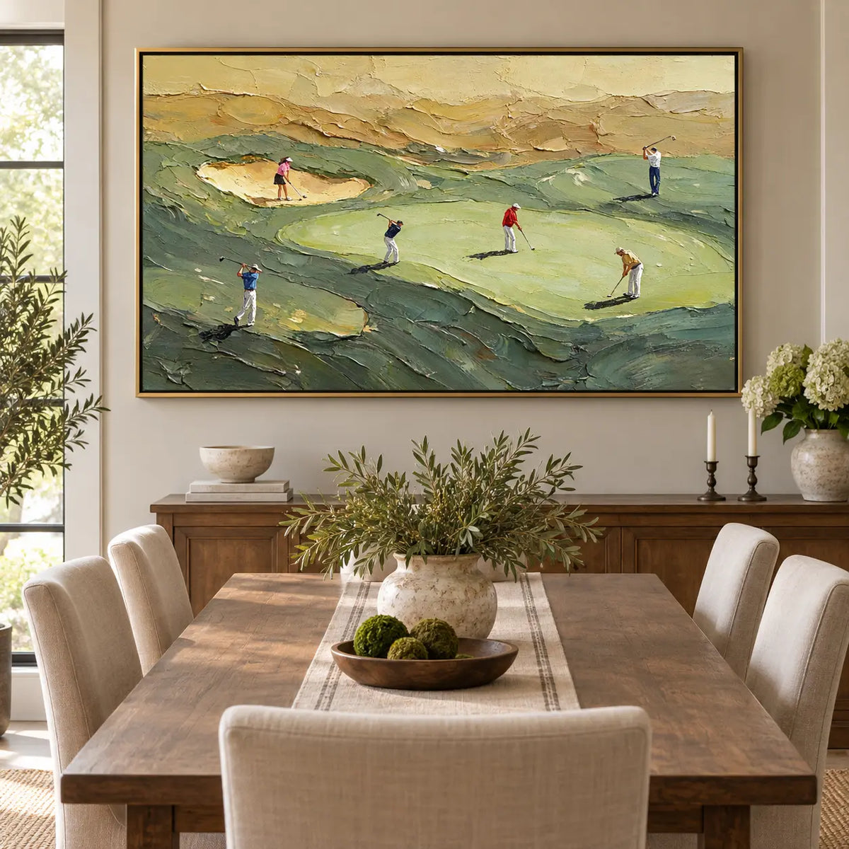 An Afternoon on the Links above a dining sideboard with candles beneath a brass light