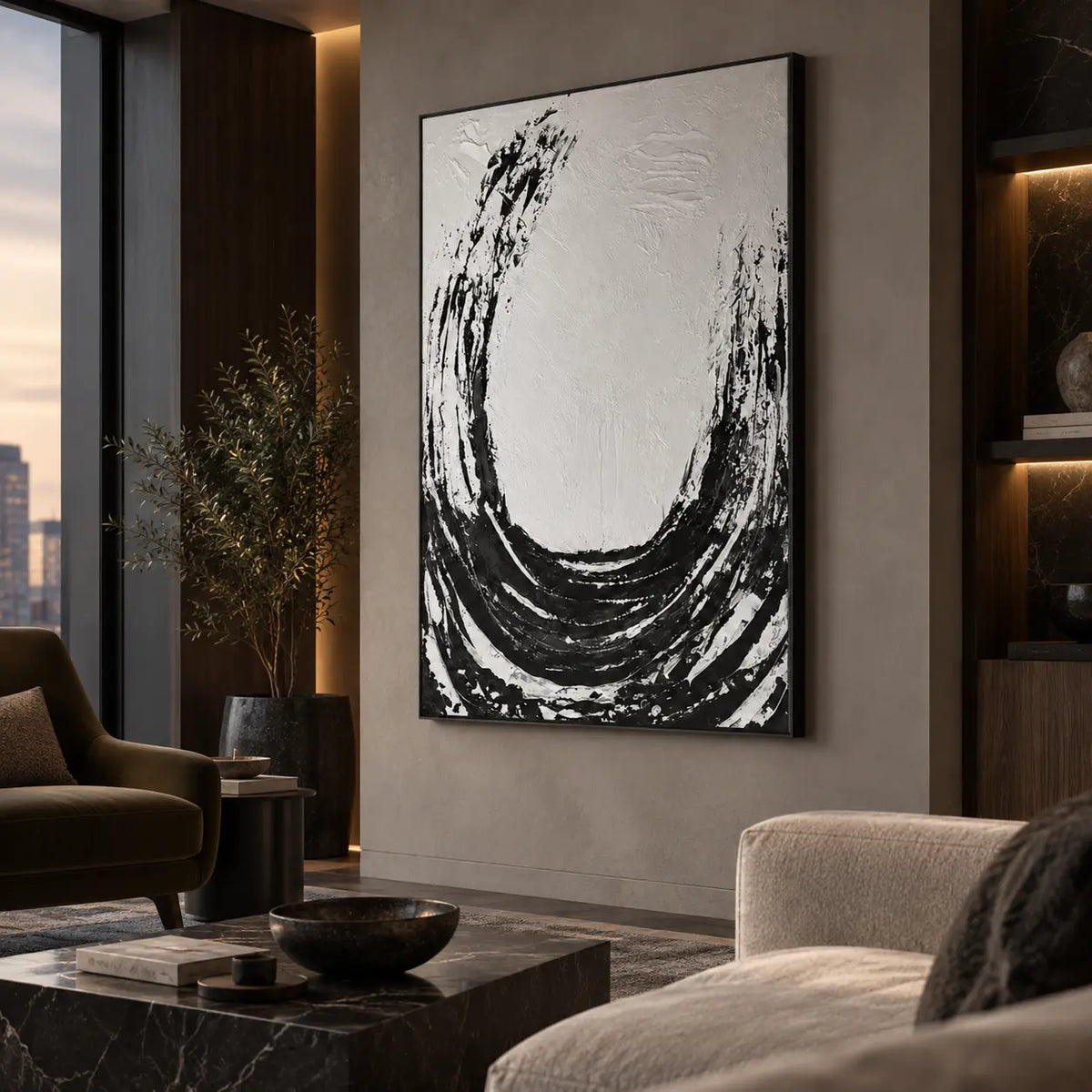 An Arc Left Open: beside a city-view window at dusk with an olive chair and black marble block table