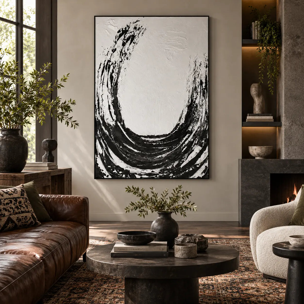 An Arc Left Open: beside a black fireplace with a brown leather sofa and dark round table