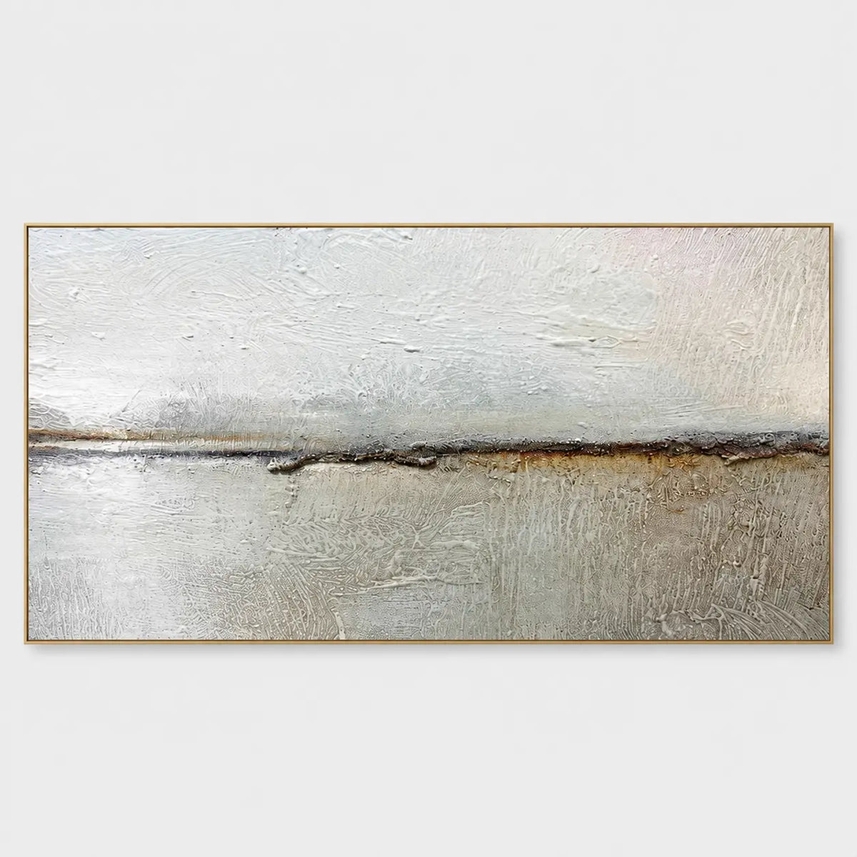 An Ochre Line in the Mist: A thin dark horizon and muted ochre streak interrupt a wide pale gray field
