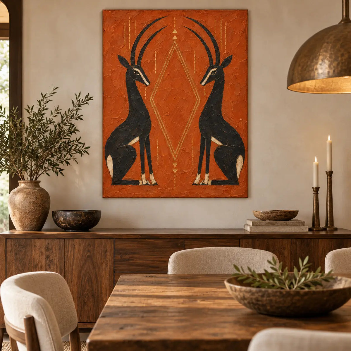 Antelopes in Balance: above a dining sideboard with brass candles and warm wooden furniture