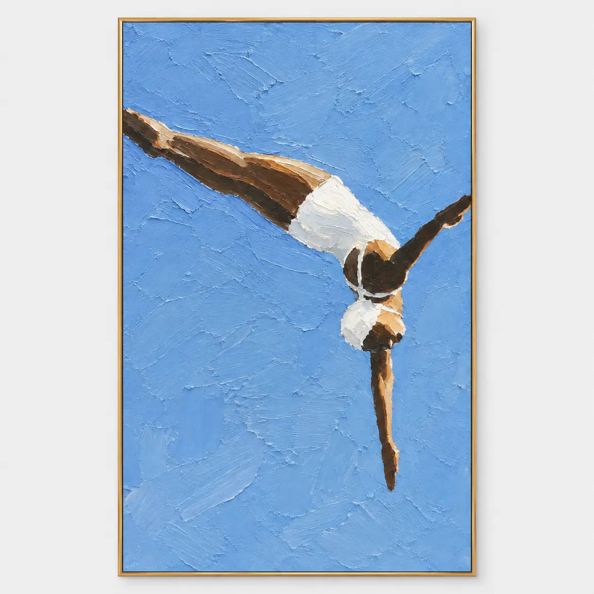 Arc into Blue: A figure in white diving diagonally across a blue background