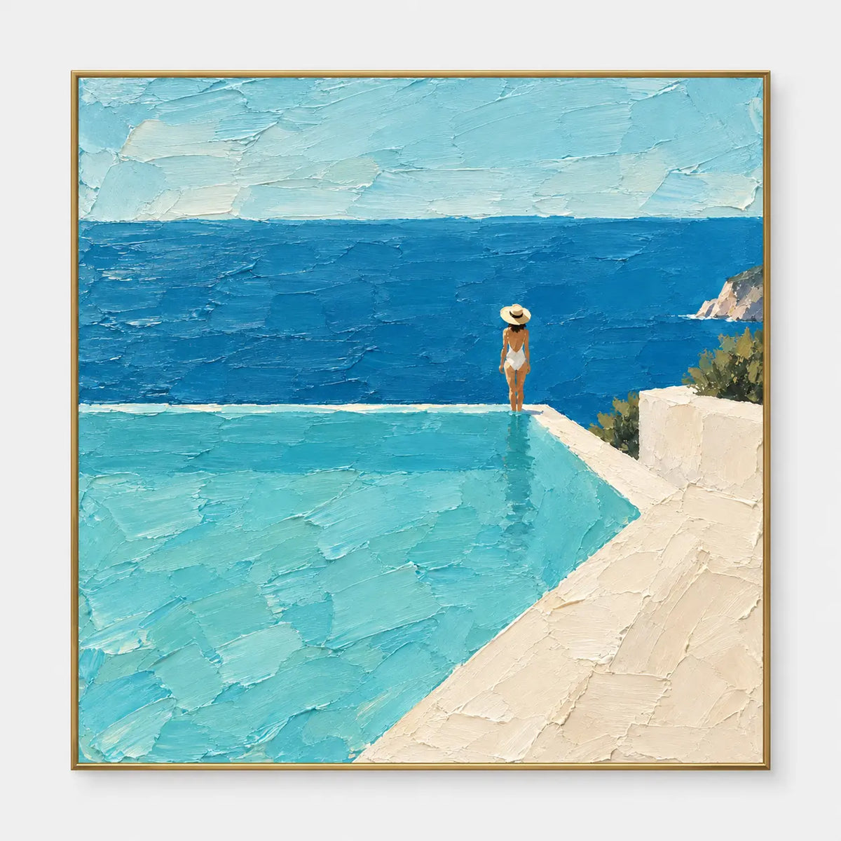 At the Infinity Corner: A small sunhatted figure stands where an infinity pool meets the sea view