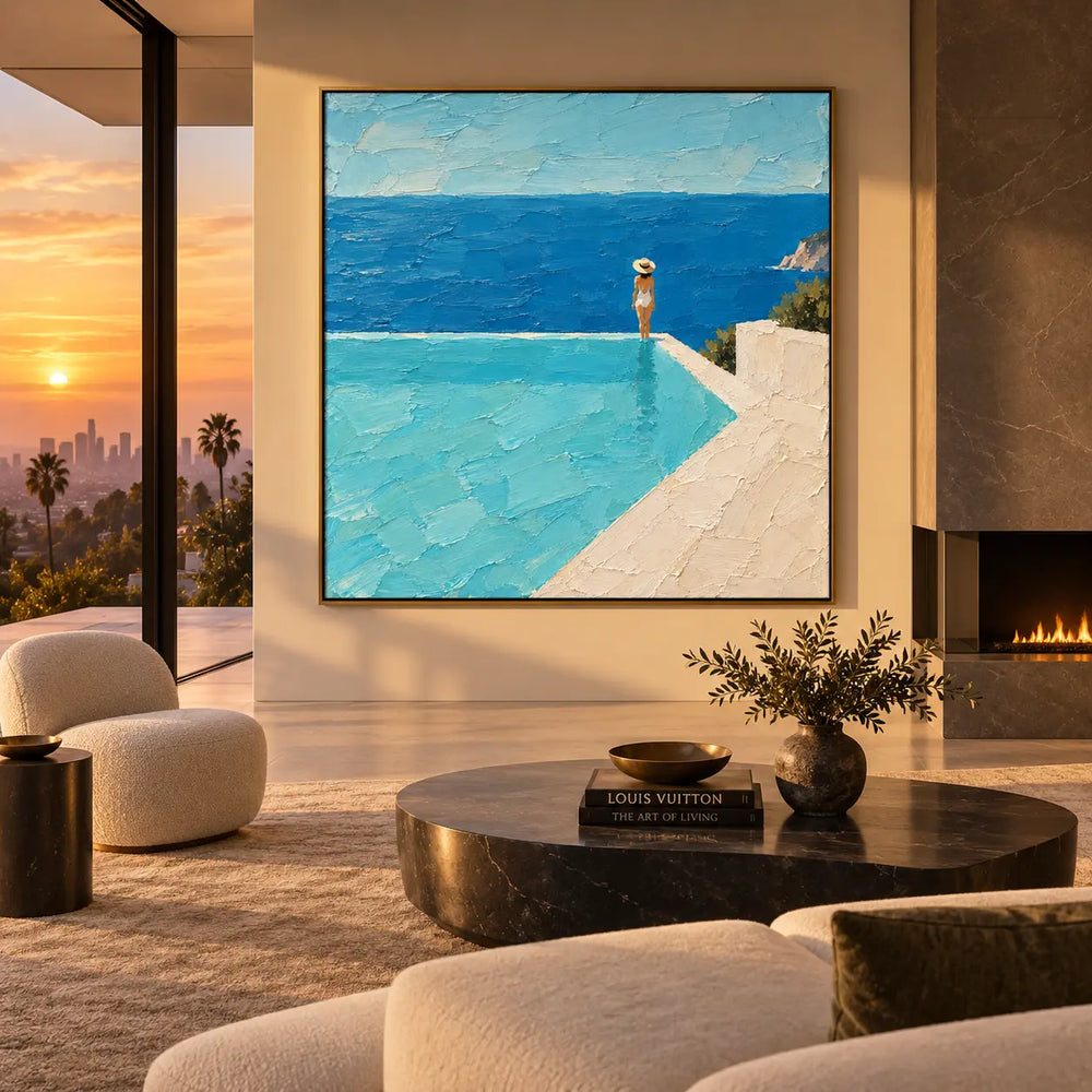 At the Infinity Corner: above a round stone table near sunset glazing and a fireplace