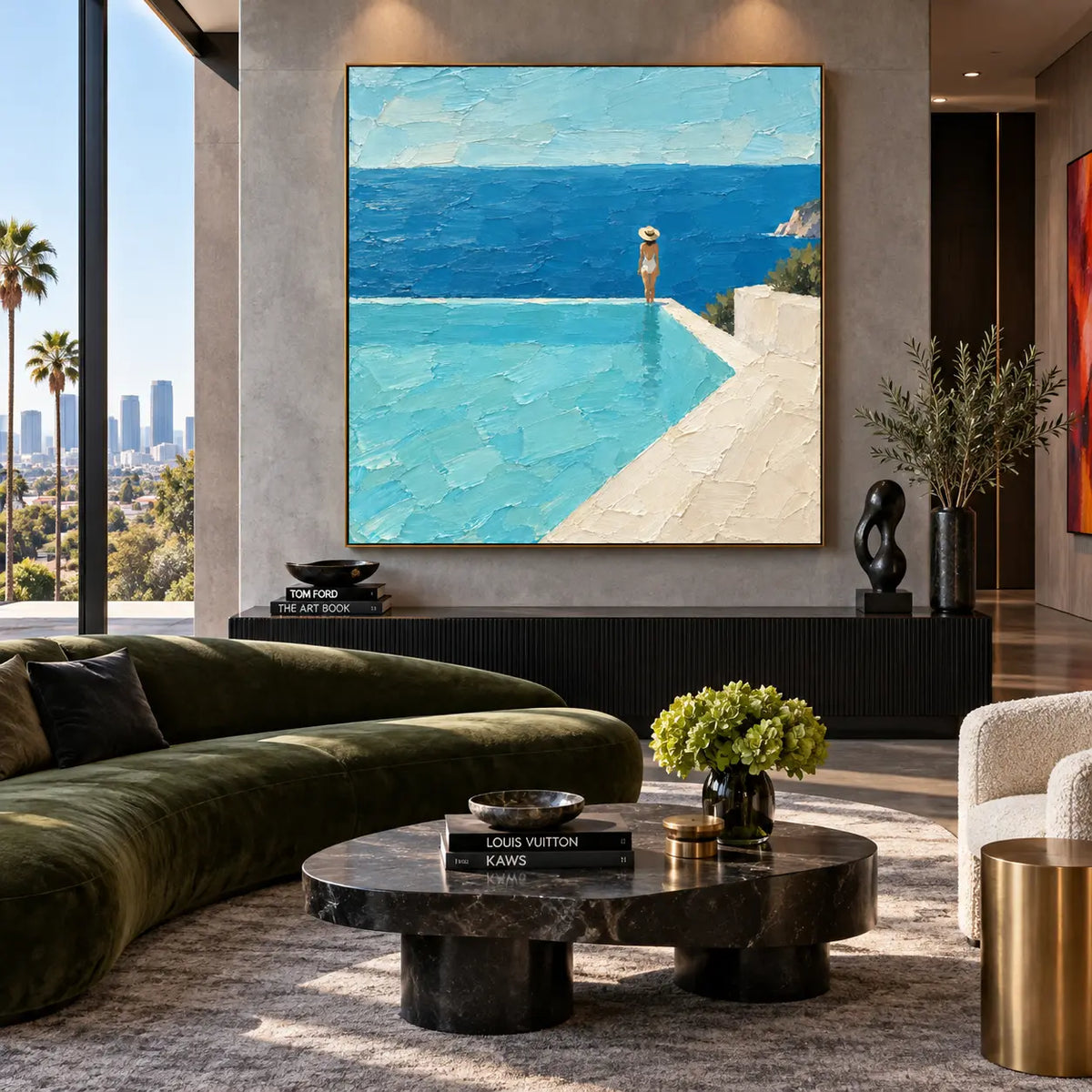 At the Infinity Corner: above a ribbed console behind a green sofa and flowering arrangement