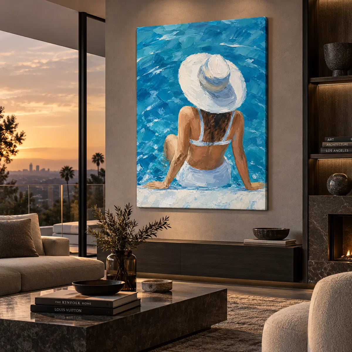 Beneath a Sunhat Brim: above a low dark console beside a sunset window and pale sofa