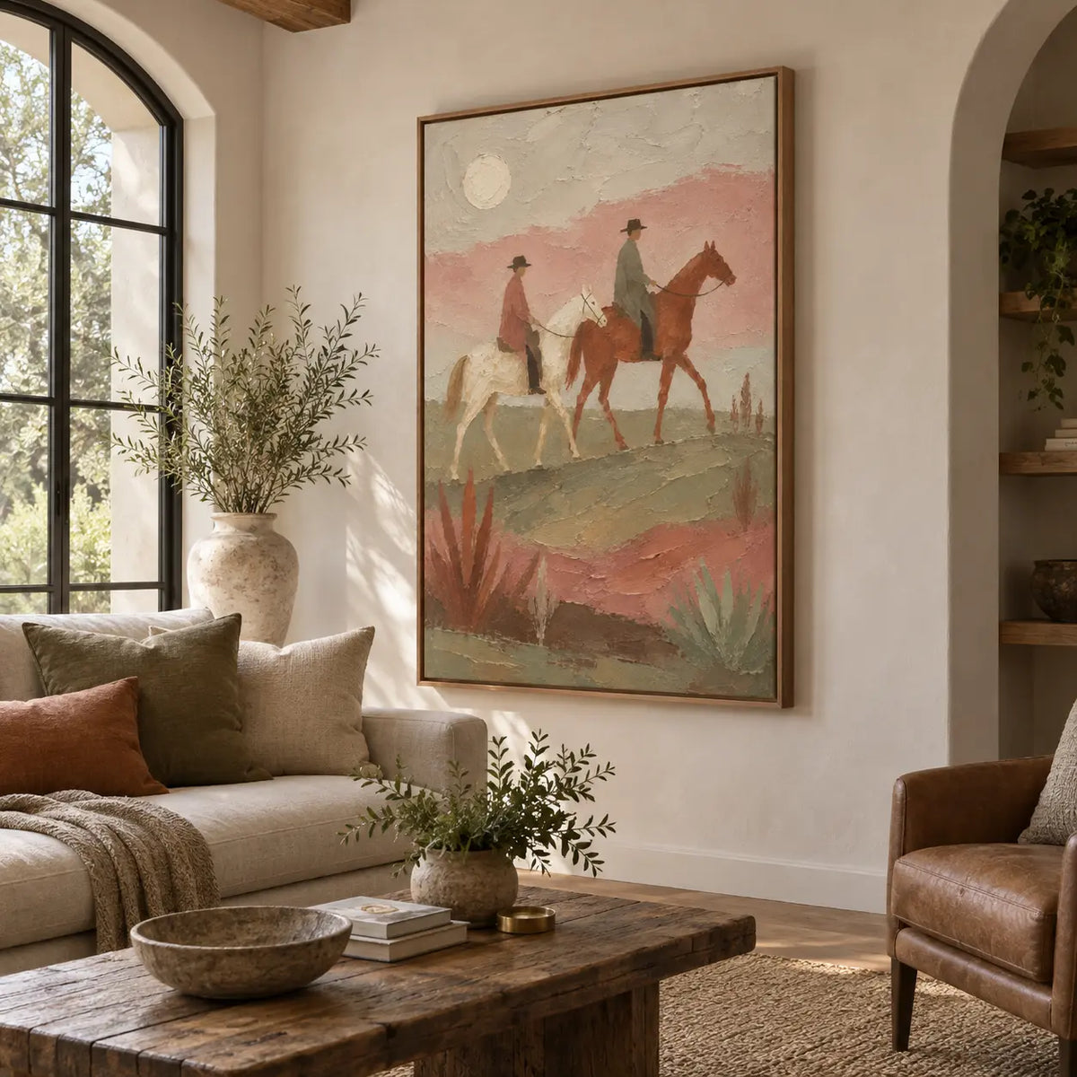 Beneath the Desert Moon: angled between a cream sofa and leather chair beside an arched window